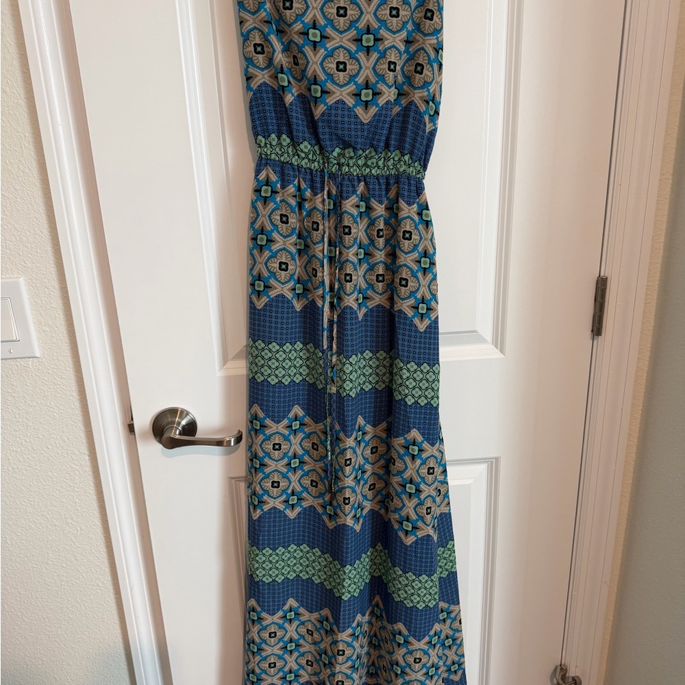 Banana Republic Factory Blue and Green Patterned Sleeveless Maxi Dress